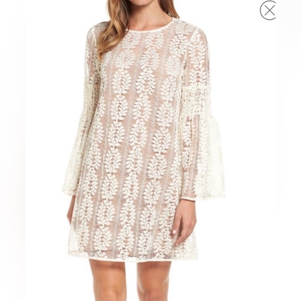 MICHAEL MICHAEL KORS Sheer Ivory Lace Bell Sleeve Shift Dress—SZ. Medium